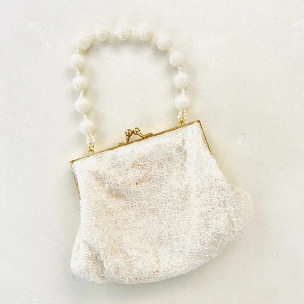 Vintage 80s Cream Beaded Satin Mini Clutch - Picture 1 of 4